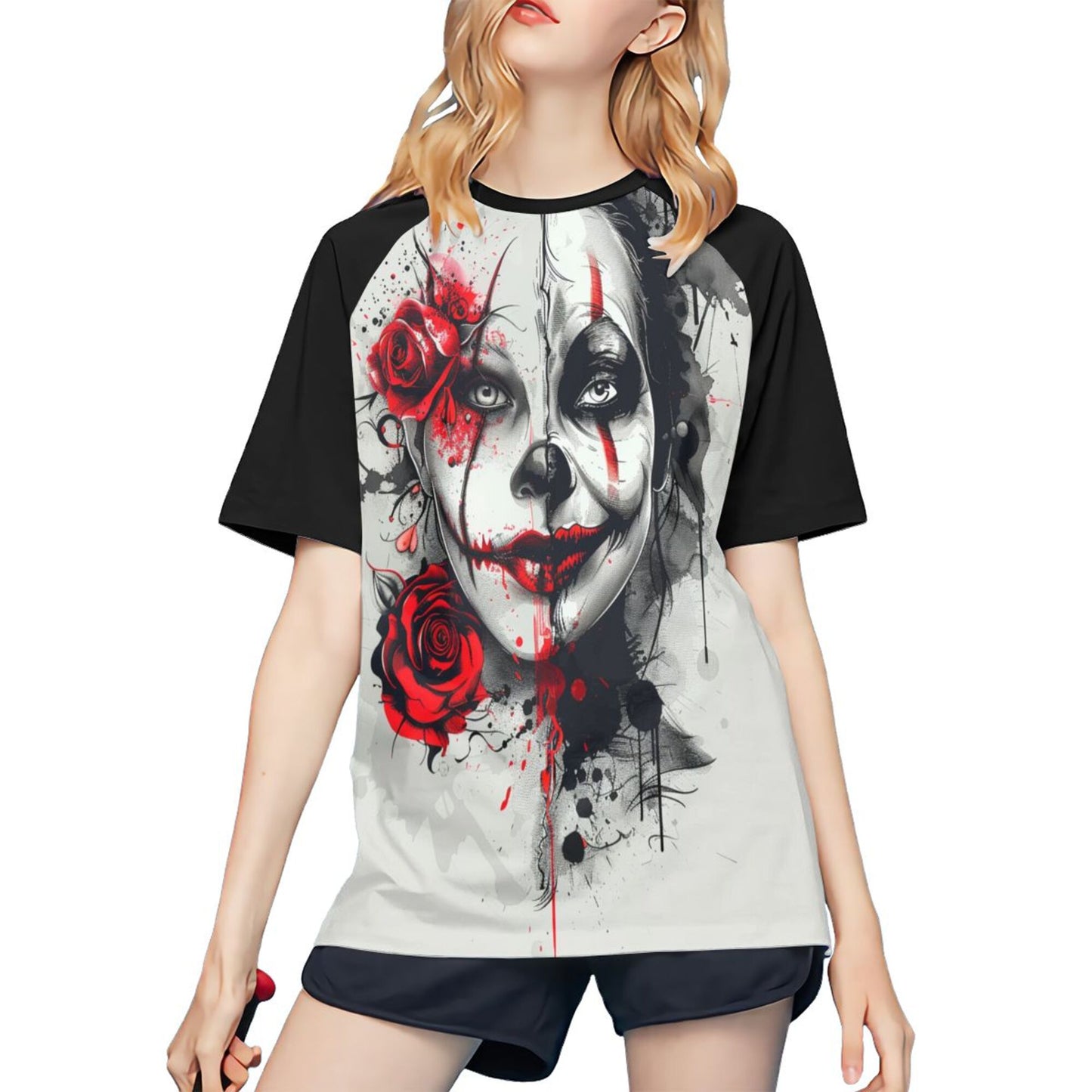 Bloody Clown Graphic Oversized Short Sleeve T-shirt, Unique Street Style Design