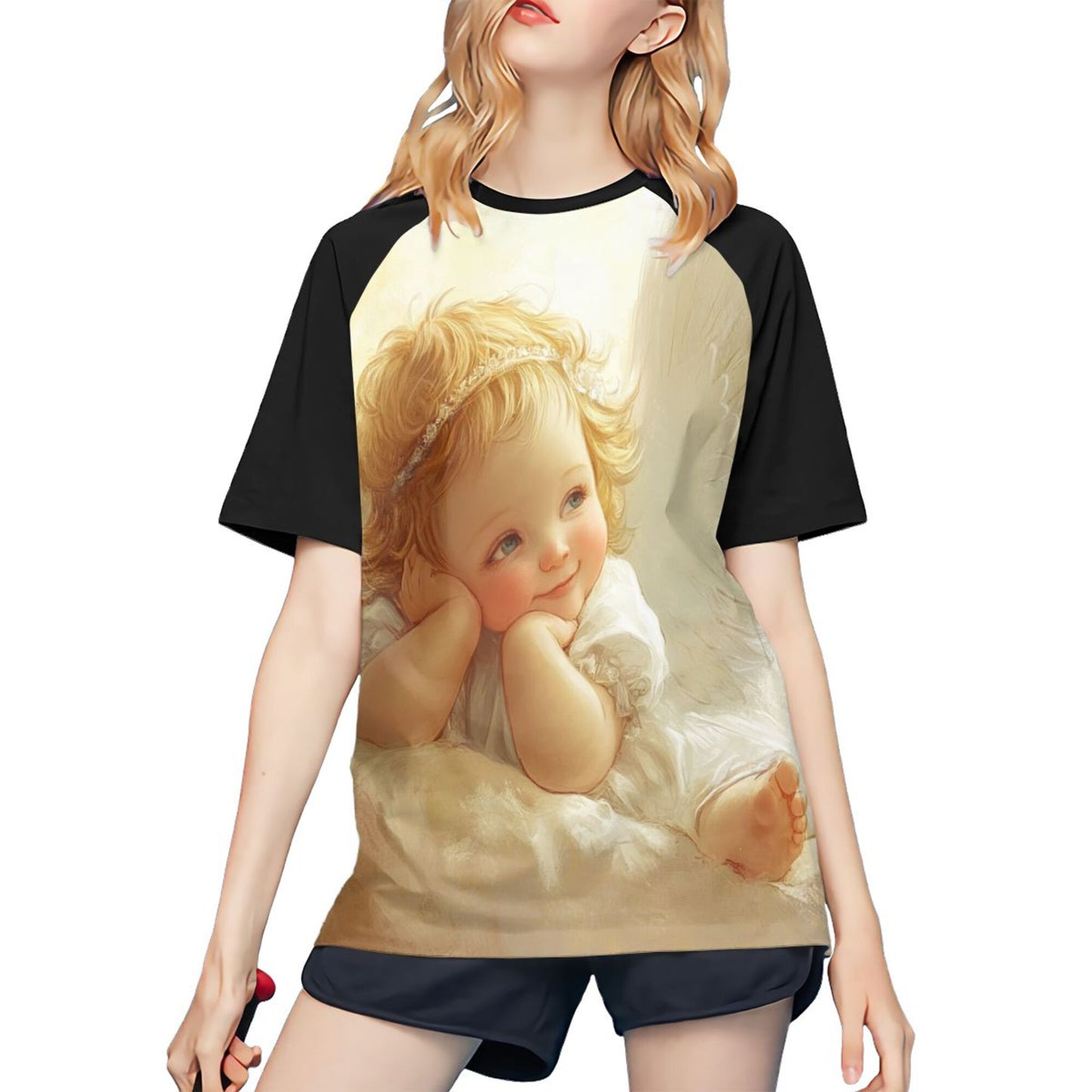 Angel Baby Art Graphic Oversized Short Sleeve T-shirt, Elegant and Warm Design