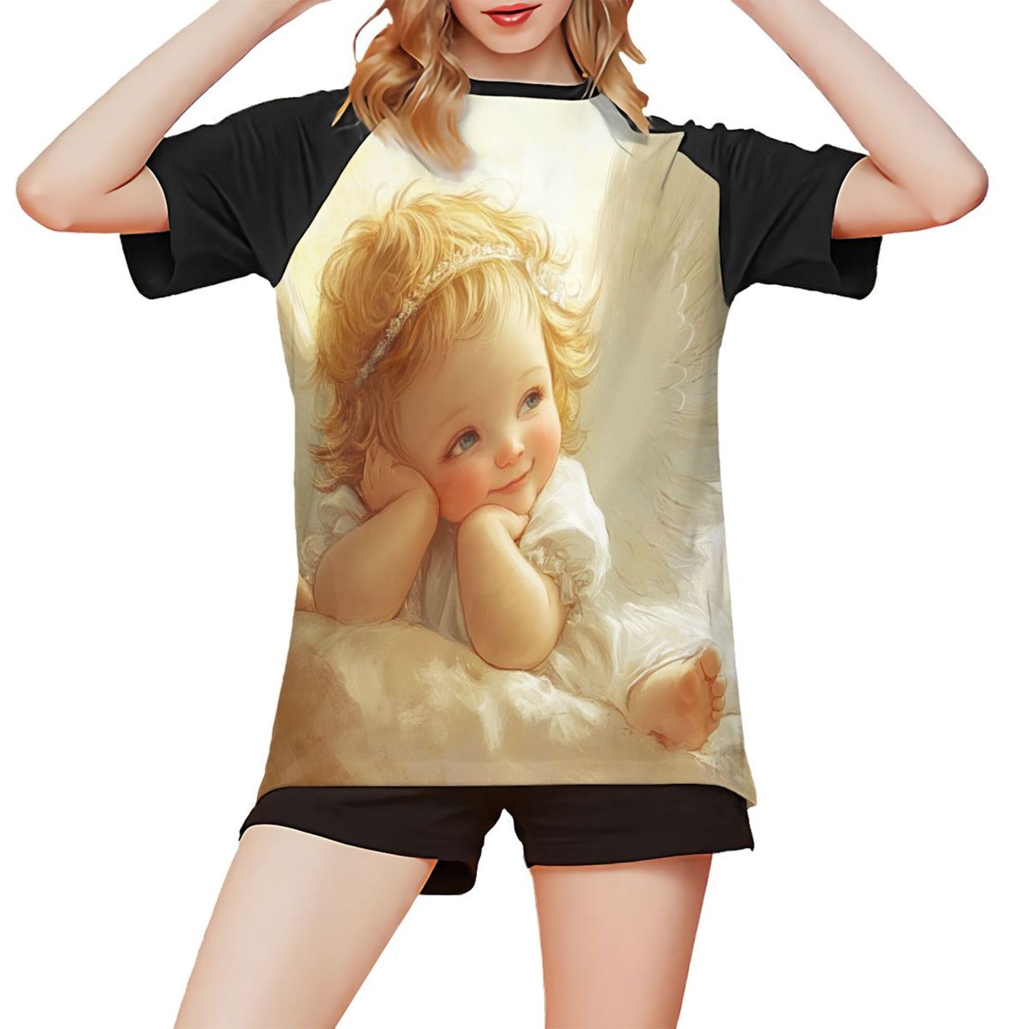 Angel Baby Art Graphic Oversized Short Sleeve T-shirt, Elegant and Warm Design