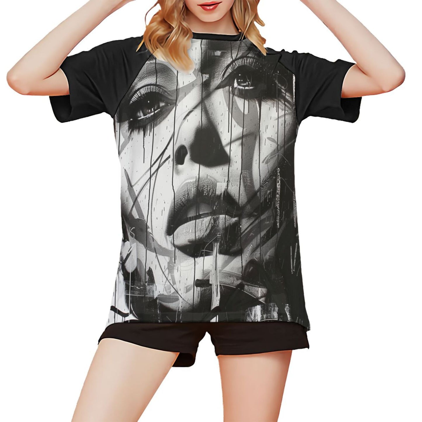 Black and White Graffiti Face Graphic Short Sleeve T-shirt